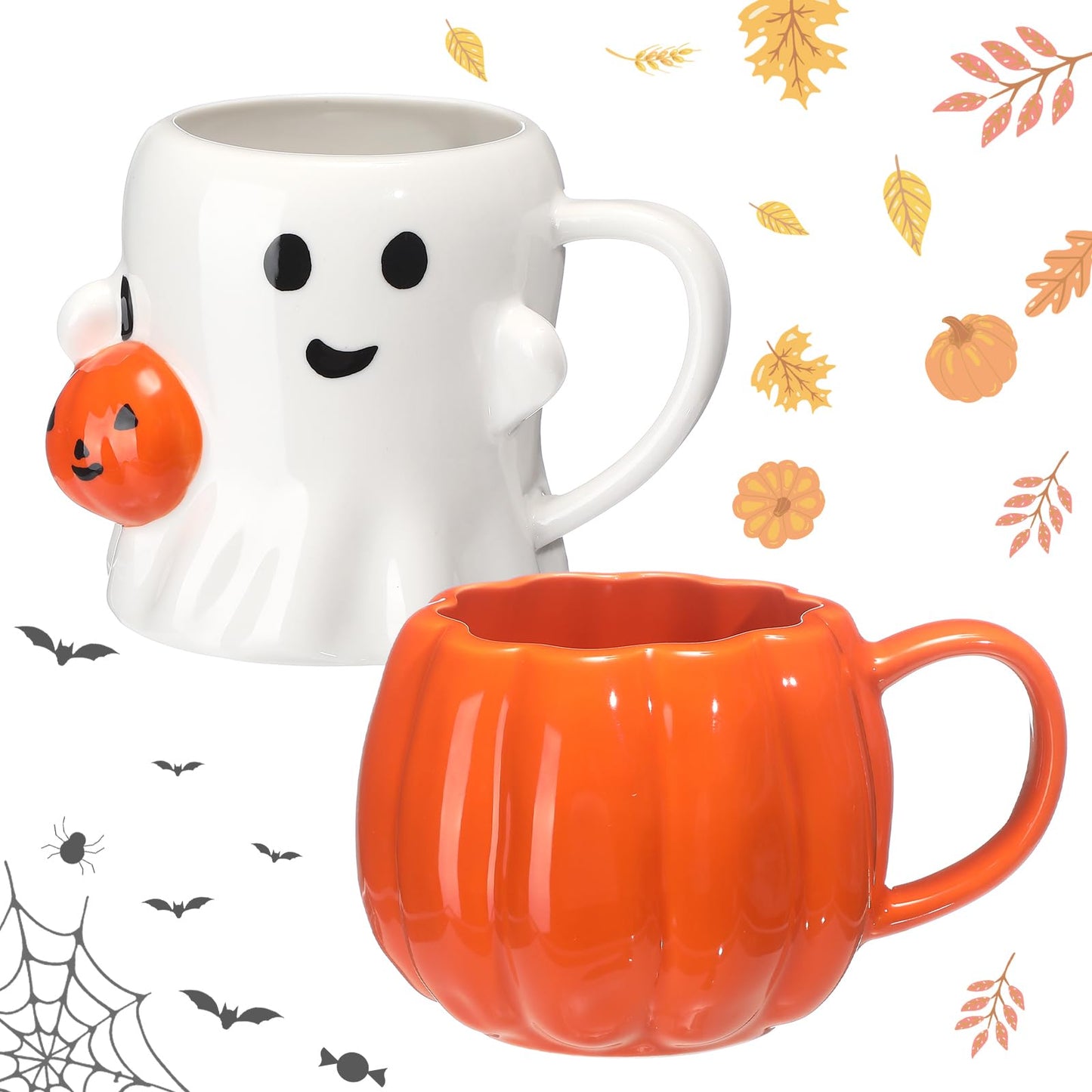 LemonRoad 2 Pcs Mug 14 oz Novelty 3D Cute Ceramic Coffee Cup Happy Pattern Mugs Gifts for Milk Tea Coffee Lover(Ghost Pumpkin)
