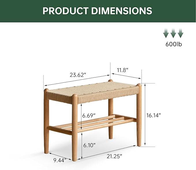 Vadisun Solid Oak Shoe Bench Assembled, Farmhouse Shoe Rack Bench with Woven Rope Design for Entryway, Living Room, Bedroom, Hallway, 11.8" x 23.6" x 16.1", Natural