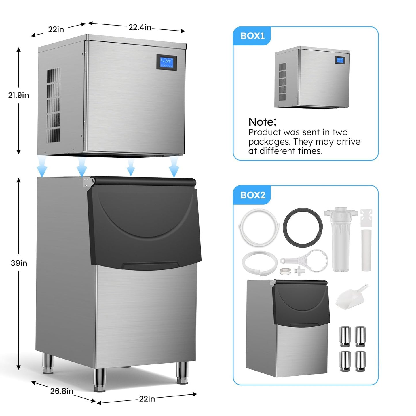 Commercial Ice Machine 700LBS/24H,Storage 560LBS,Large Industrial Ice Maker,Ice Ready in 5-15min,with Self-Cleaning Mode,with Timing Function,10 Levels of Ice Thickness Adjustment,Stainless Steel