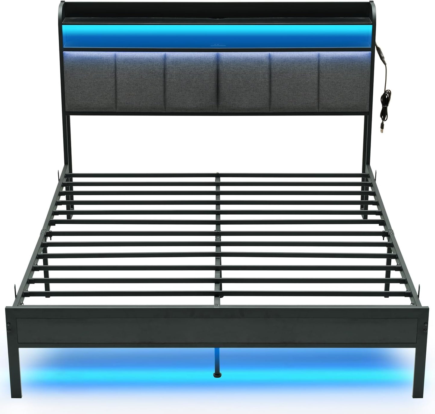 Z-hom Twin Bed Frames, Upholstered Upgraded Metal Bed Frame with LED Lights Headboard & Footboard, Bed Furniture with Charging Station Ports & Storage Shelves, Easy Assembly Bed Frame, Noise Free