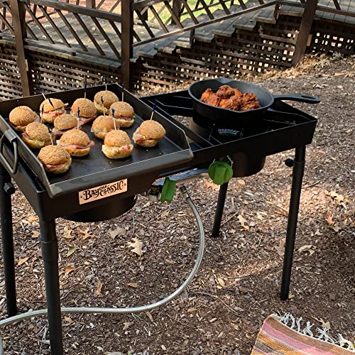 Bayou Classic Dual Patio Camp Stove w/Single Griddle Features Dual 6-in Cast Aluminum Burners 27-in Tall Cooker 13.5-in x ...