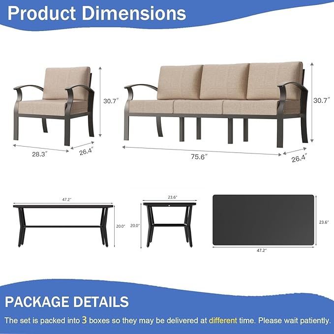 RTDTD Aluminum Outdoor Patio Furniture Set,5 Seats Patio Conversation Sets with Rectangular Coffee Table,Metal Patio Sectional Furniture Set with 5.1" Thickened Cushions,Sand