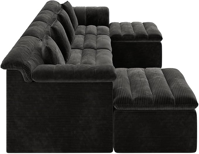 SUNG7 142" Modular Sofa with Ottoman, Boneless Cloud Couch with Deep Seat, Comfy U-Shape Corduroy Couches for Living Room, No Assembly Required, Black