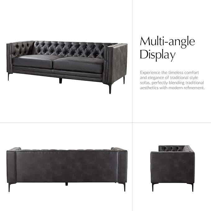 HULALA HOME 84" W Faux Leather Sofa Couch with Metal Legs, Button-Tufted 3-Seater Sofa, Mid Century Modern Contemporary Upholstered Couch for Living Room, Apartment, Charcoal