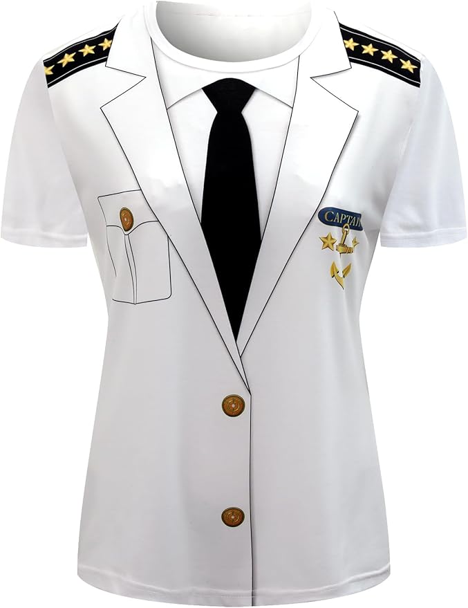 Funny World Women's Captain T-Shirt Graphic Short Sleeve Yacht Party Costume