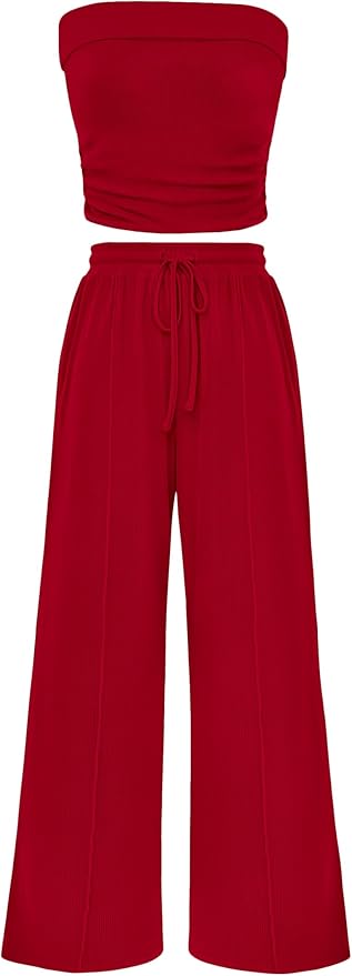 PRETTYGARDEN Womens Summer Outfits 2 Piece Sets Casual Ribbed Knit Crop Tube Top Wide Leg Pants Spring Matching Lounge Set