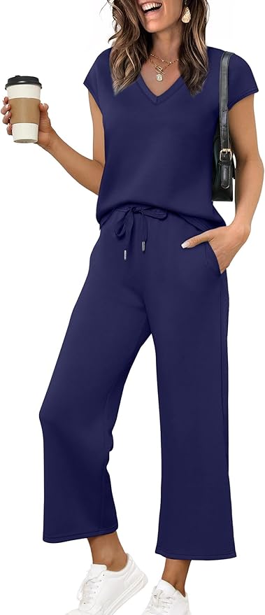 Saloogoe Two Piece Sets for Women Summer Outfits Lounge Sets V Neck Tops Wide Leg Pants Woman Vacation Travel Outfits