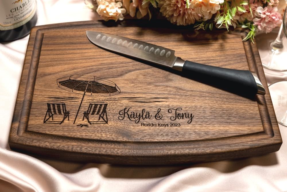 Personalized Cutting Board, Custom Wedding, Anniversary or Housewarming Gift Idea, Wood Engraved Charcuterie, for Couples and Friends, Tropical Beach Design 051