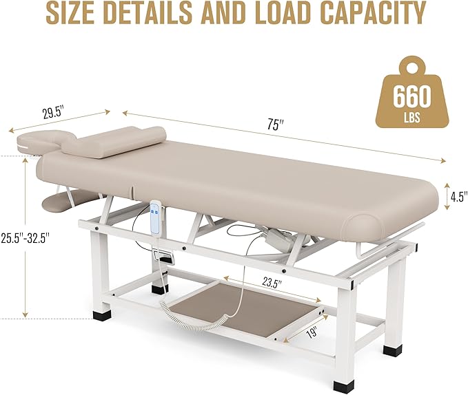 pouseayar Heavy Duty Electric Stationary Massage Table with Backrest Adjustable and Storage Space for Treatment/Medical Spa/Facial/Beauty/Massage Bed and More - 30 x 75 - Beige Gray