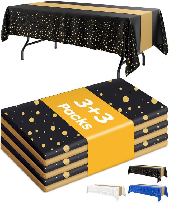 Niuara New Year Table Cloth for Rectangle Table and Table Runner Set - 3+3 Pack, Plastic Table Cloth Disposable, Black and...