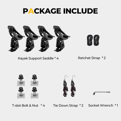 BougeRV T-Slot Kayak Roof Rack Saddles, Only Fits for Auto Cross Bars with T-Track to Carrier Kayak Paddle Board Surfboard with Tie Down Straps Ratchet Strap,150LBS Load Capacity(2 Pairs)