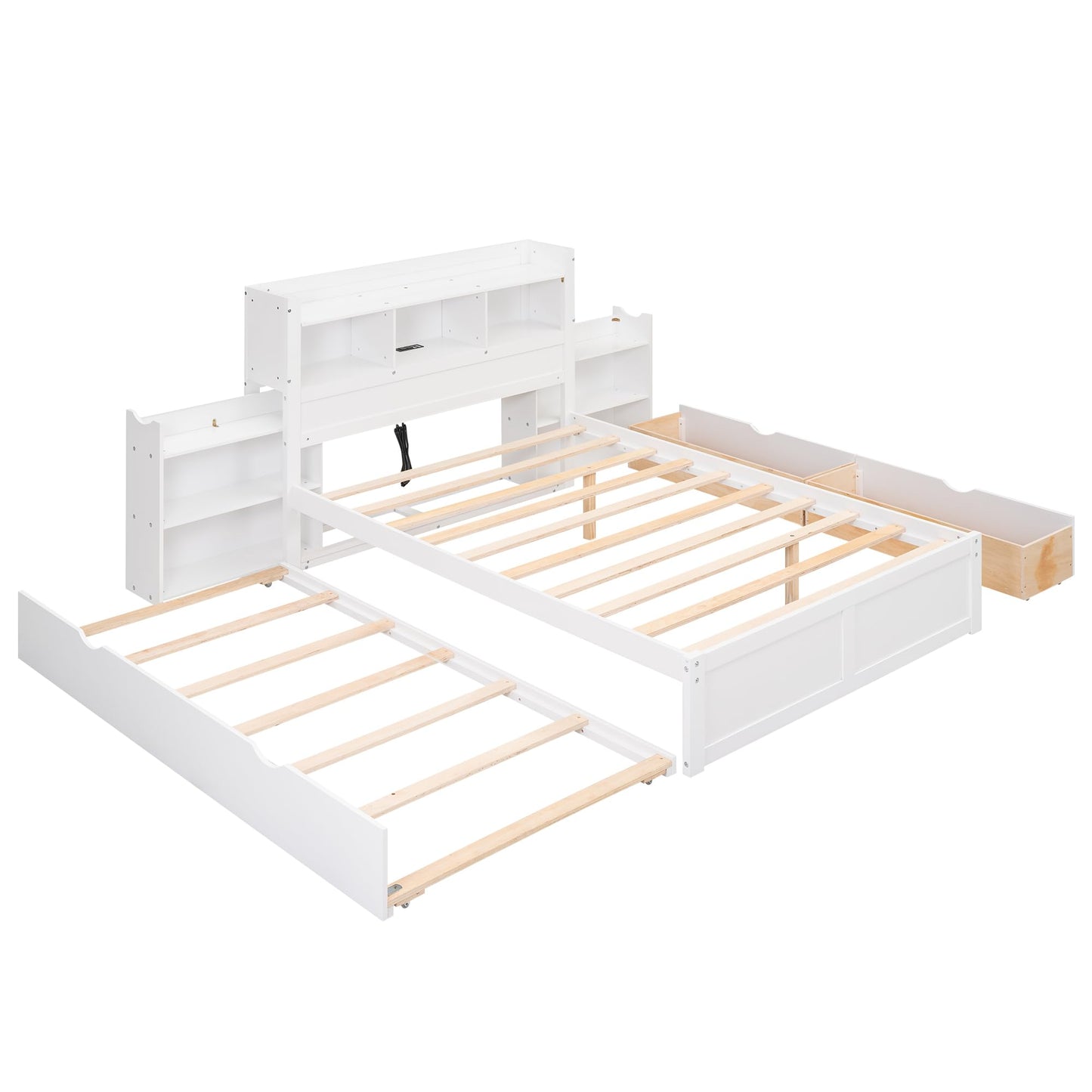 Full Size Storage Bed with Bookcase Headboard and Trundle, Wood Platform Bed Frame with Charging Station, Pull Out Shelves and Drawers for Kids Teens Adults, No Box Spring Needed,White