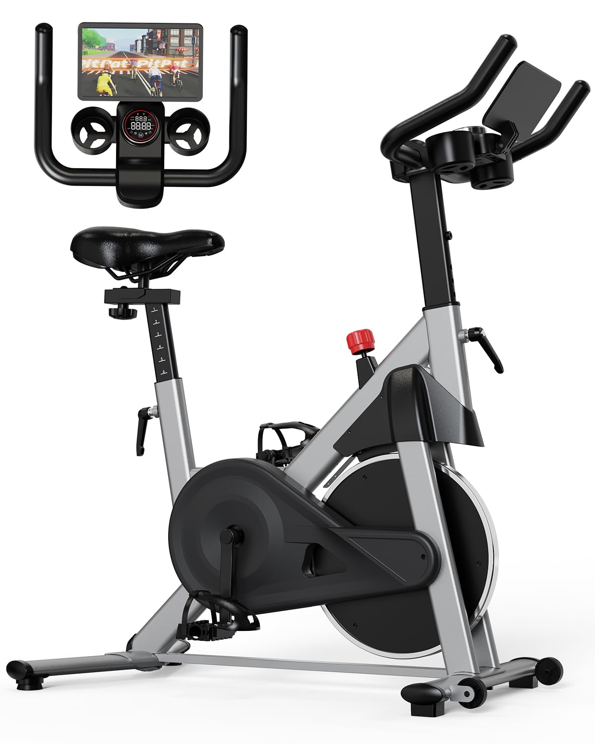 Superun Exercise Bike, Stationary Bikes for Home with Brake Pad, Low Noise Spin Bike with 300LBS Weight Capacity, Indoor Cycling for Home Gym with Pad Mount LCD Monitor and Cup Holder