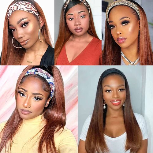 Ombre 1B30 Straight Headband Wig Brown Human Hair Wig Dark Root 130% Density Brazilian Virgin Hair Machine Made Wigs for Women Dark Brown Color 22 Inch