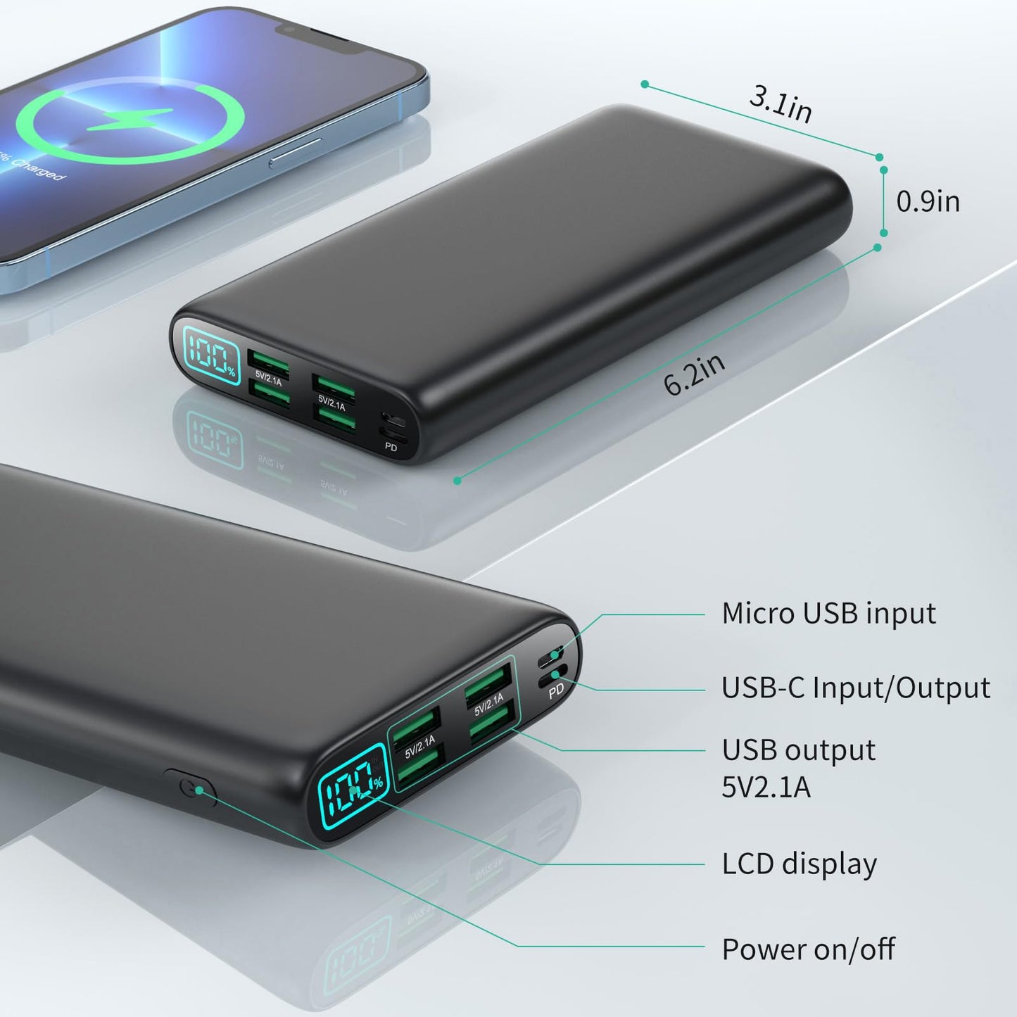 Portable Charger 38800mAh,LCD Display Power Bank,5 USB Outputs Battery Pack Backup, USB-C in&out Dual Input Phone Charging Compatible with iPhone 16/15/14/13 Pro/12,Android Samsung Galaxy Pixel Nexus