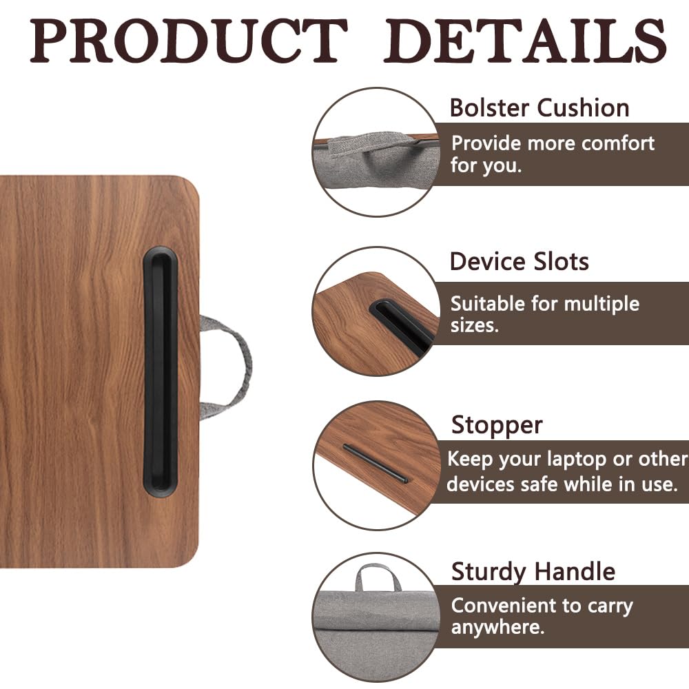 Portable Laptop Desk Fits Up to 16“ Laptops, with Tablet Slot, Built-in Cushion, Great for Home & Office,Lap Desk for Laptop,Lap Desk with Cushion (Brown, Medium)