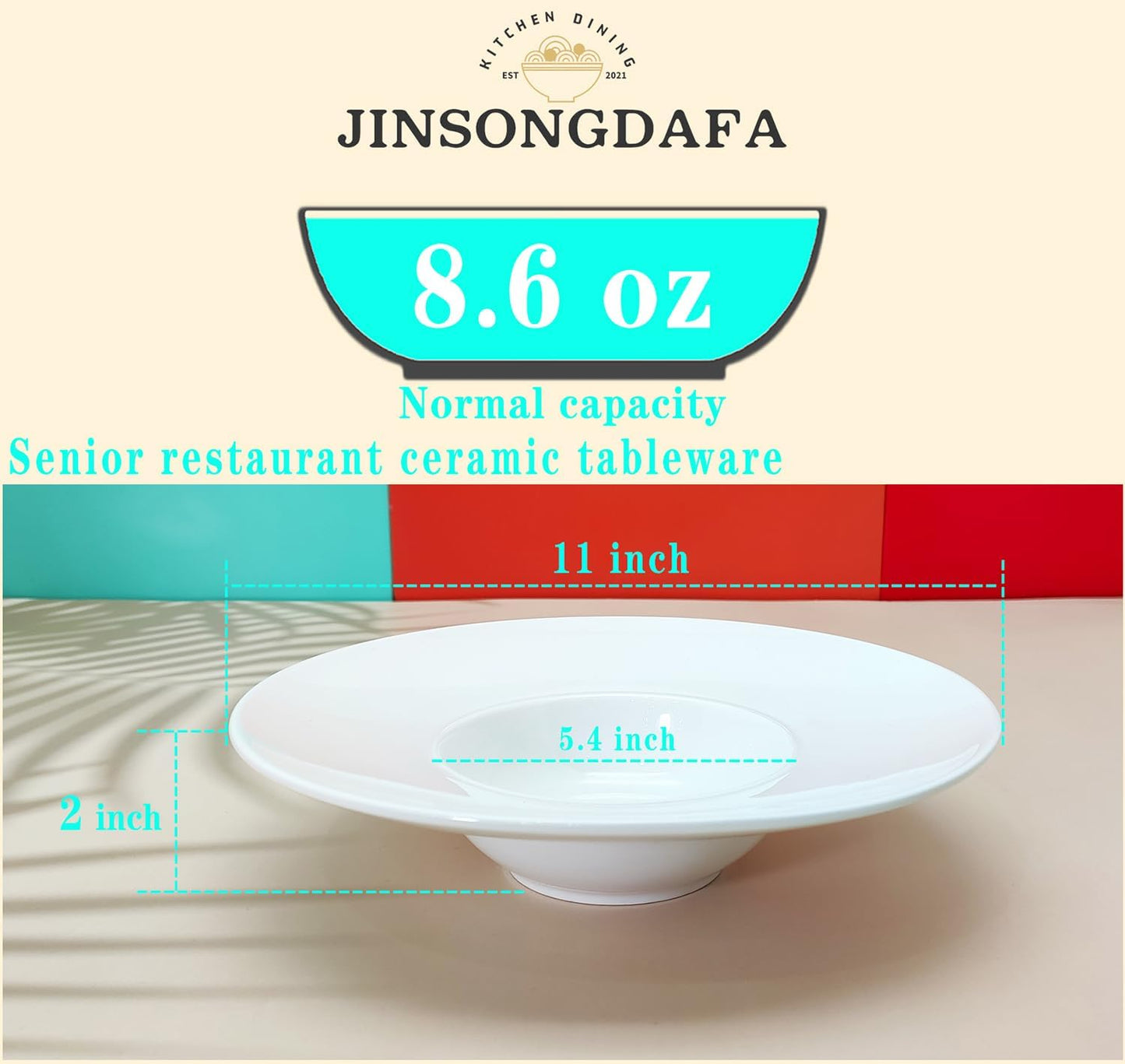 Ceramics Rimmed Soup Bowls 8.6 oz, White 11 inch Exquisite small soup plate Set of 4, Pasta plates With Rim is the best choice for hotels, kitchens, fine restaurants and gourmets