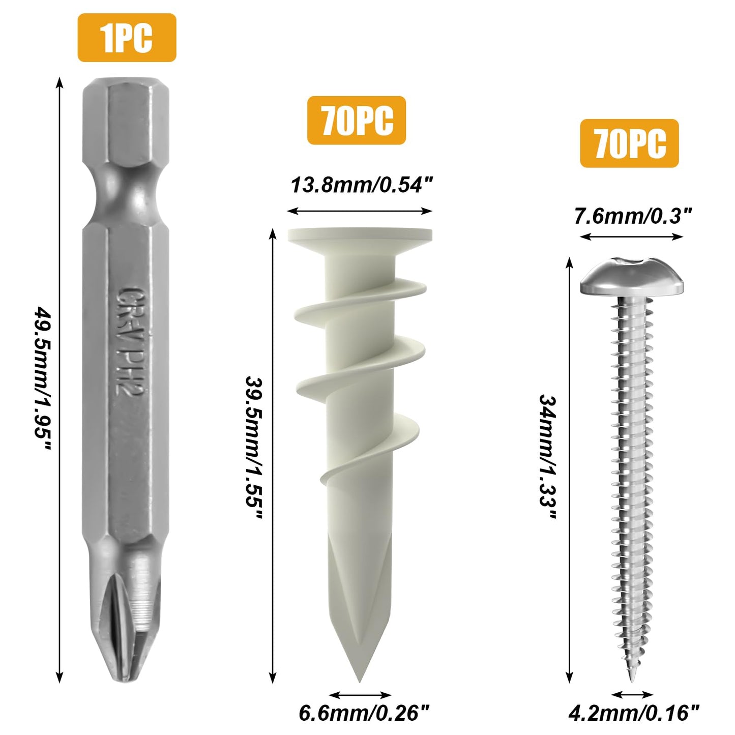 KURUI 140Pcs #8 Self Drilling Drywall Anchors with Screws Kit, Heavy Duty Dry Wall Anchors for Hanging Sheetrock, 50 Self-Tapping Plastic Drywall Hangers 50 Sheet Rock Screws, Mounting Hardware -75LB