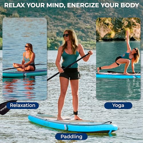 SereneLife Inflatable 11’ Stand Up Paddle Board with 32” Wide Platform, Non-Slip EVA Deck, Drop-Stitch Construction, 3-Pie...
