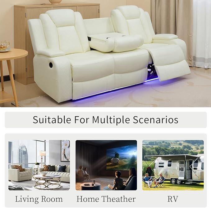 Toseslo Power Leather Recliner Sofa Set with LED Light, Leather Sectional Sofa Set, Living Room Furniture Sets, Modern Power Reclining Sets for Living Room(Creamy White)