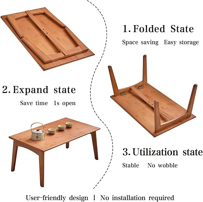 Kuabner Folding Floor Table Low Coffee Table for Sitting On The Floor Japanese Floor Table No Assembly Tatami FoldableTable for Living Room Home Office (Walnut, Small)