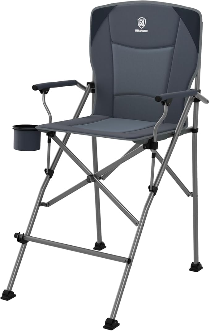 EVER ADVANCED Tall Folding Chair 31", Portable Directors Chair, Bar Height Camping Chair with Carry Bag and Footrest, Armrest, Heavy Duty Supports 300 Lbs Grey