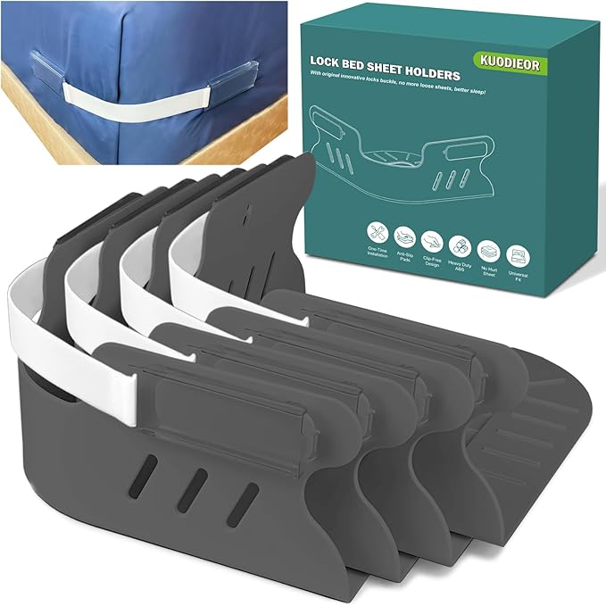 Bed Sheet Holders for Corners, 4Pcs Heavy Duty Fitted Sheet Holder with Lock Fastener Straps &Anti-Slip Pads Keep Sheets Firm&Tight, No More Loose Sheets, Easy Installation for Any Mattress(Deep Gray)