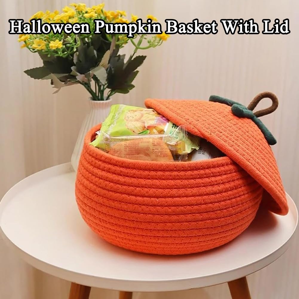 Halloween Pumpkin Basket With Lid, Halloween Pumpkin Candy Bucket, Trick Or Treat Pumpkin Woven Storage Bin, Large Capacity Woven Rope Basket For Store Toys, Candys, Snacks, Home Decor (Khaki-L)
