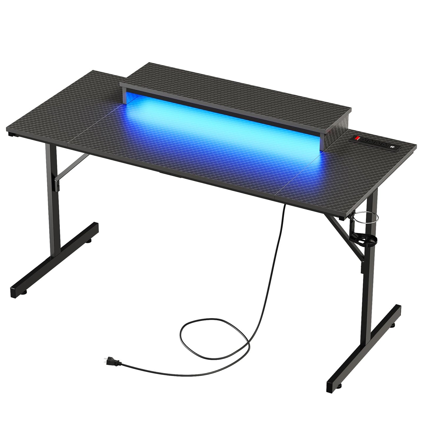 Bestier 52 inch Gaming Desk with LED Lights & Power Outlets, Computer Gaming Table with Float Monitor Stand, Kids Boys Desk with Black Carbon Fiber Texture