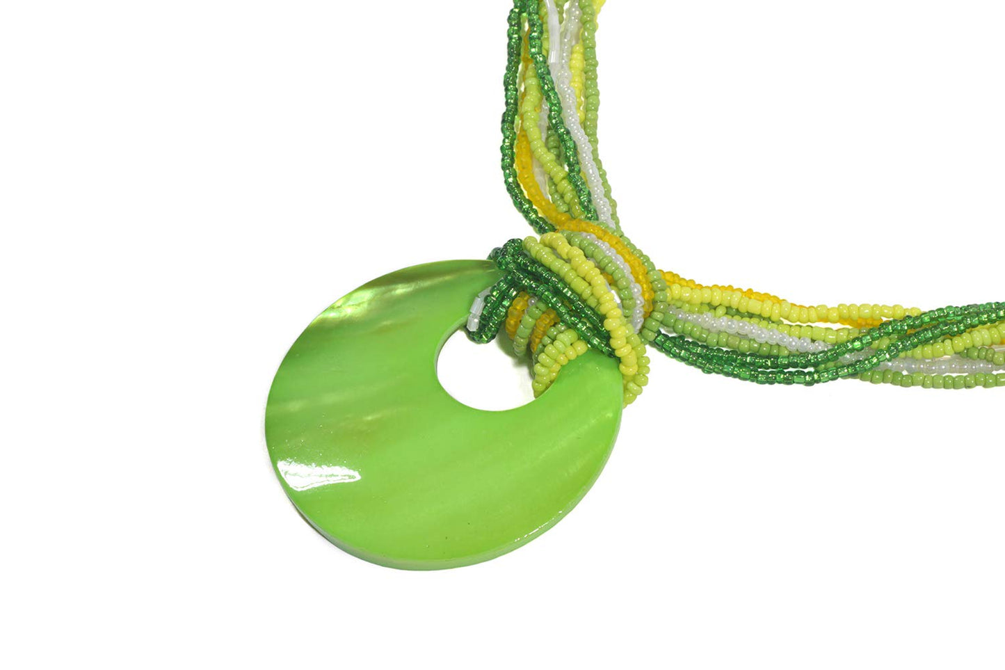 Coiris Multi Strand Statement Colorful Beaded Necklace with Big Circle Shell Pendant for Women (N0055-Jasmine Green)