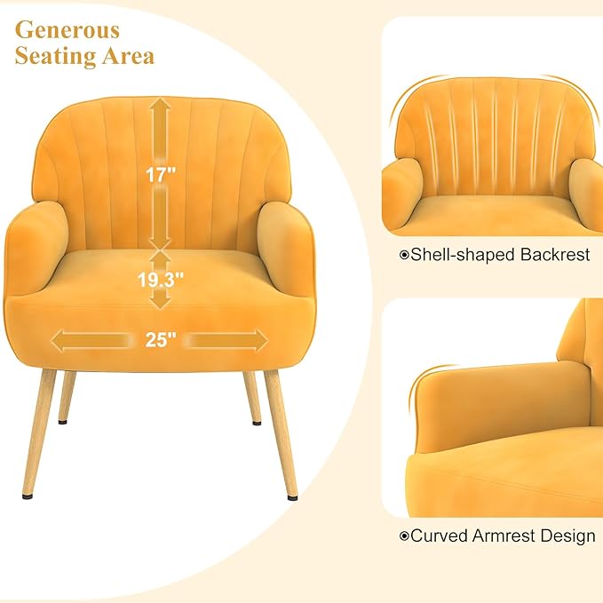 Holiway Velvet Accent Chair, Mid Century Modern Accent Chairs for Living Room, Comfy Upholstered Armchair with Metal Legs for Bedroom/Apartment/Office/Waiting Room, Yellow