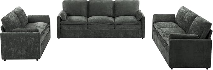 ACMEASE 3 Pieces Chenille Sofa Set w/Arm Pillows, Upholstered Loveseat & 2 Pieces 3 Seater Sofa w/Comfortable Back Cushions, Modern 2-Seat & 3-Seat w/High-Density Foam for Living Room, Grey