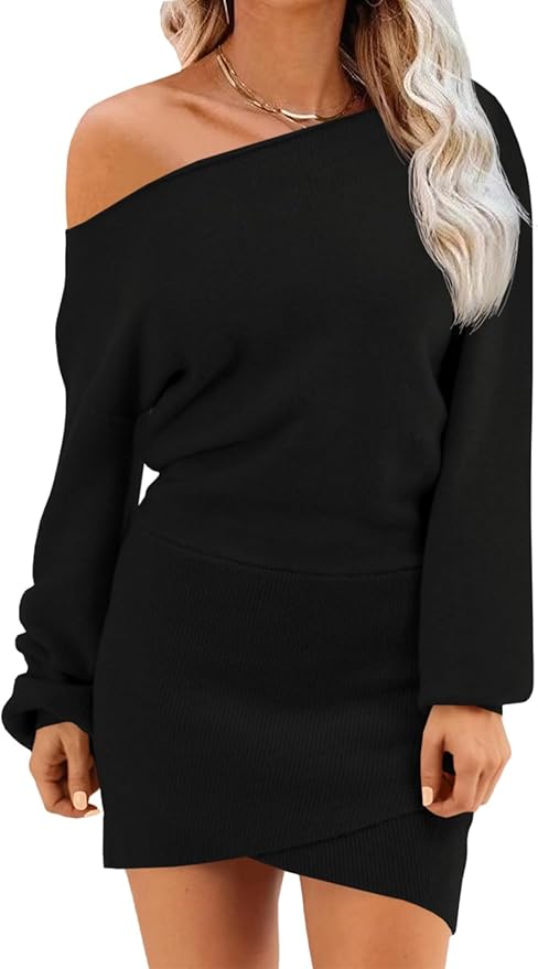 Wenrine Women's Off The Shoulder Sweater Dress 2025 Fall Winter Casual Long Sleeve Knit Slim Fit Pullover Mini Dresses
