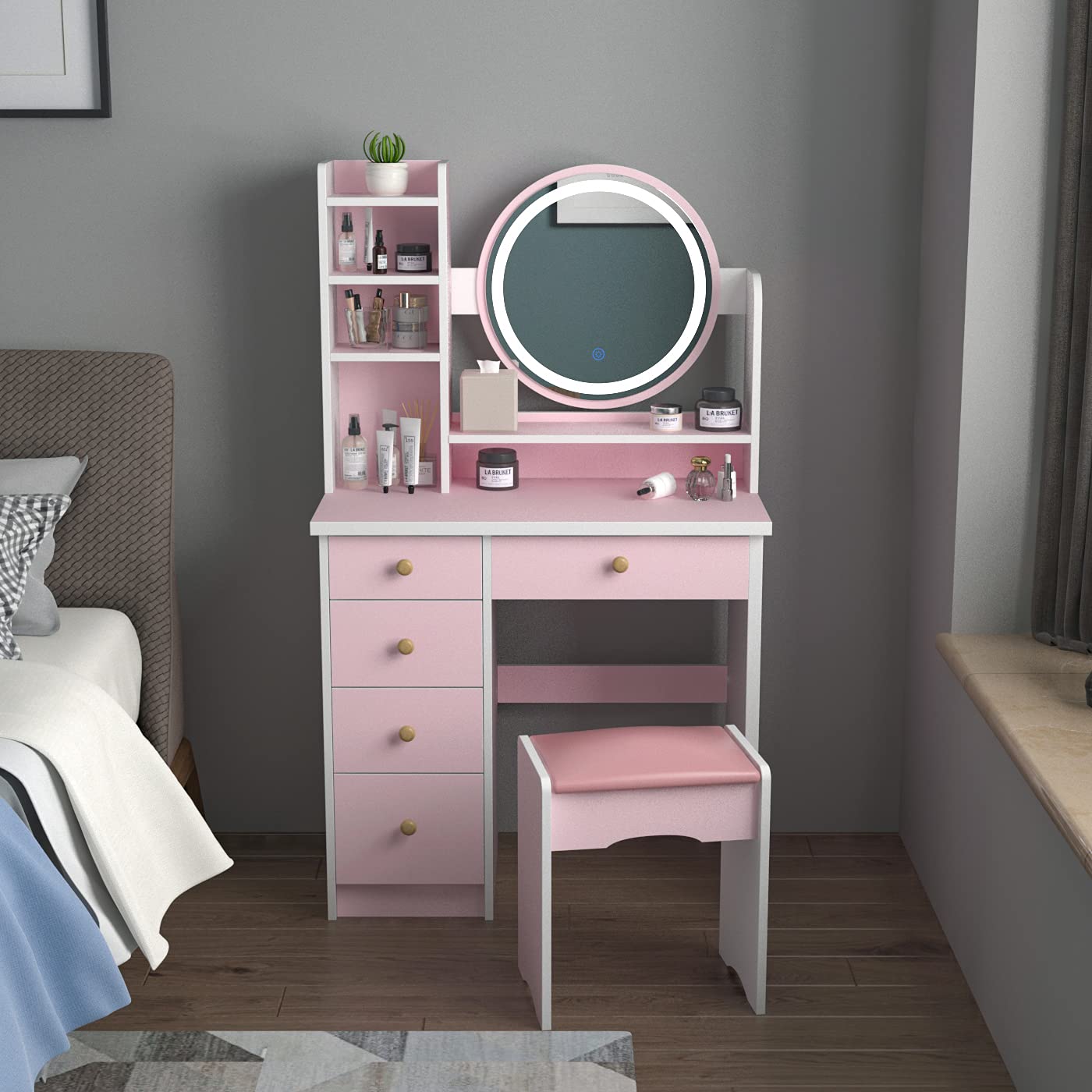 FUFU&GAGA Pink Vanity Set with Round Lighted Mirror, Makeup Vanity Dressing Table with 5 Drawers, Shelves, Dresser Desk and Cushioned Stool