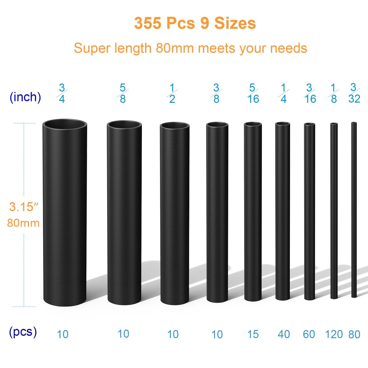 Twippo Heat Shrink Tubing Kit 355pcs - 3:1 Dual Wall Adhesive Lined - Electrical Waterproof Industrial Heat-Shrink Tubing Terminals- Marine Grade Wire Connector Shrink Wrap Tube - 3.15" Length - Black