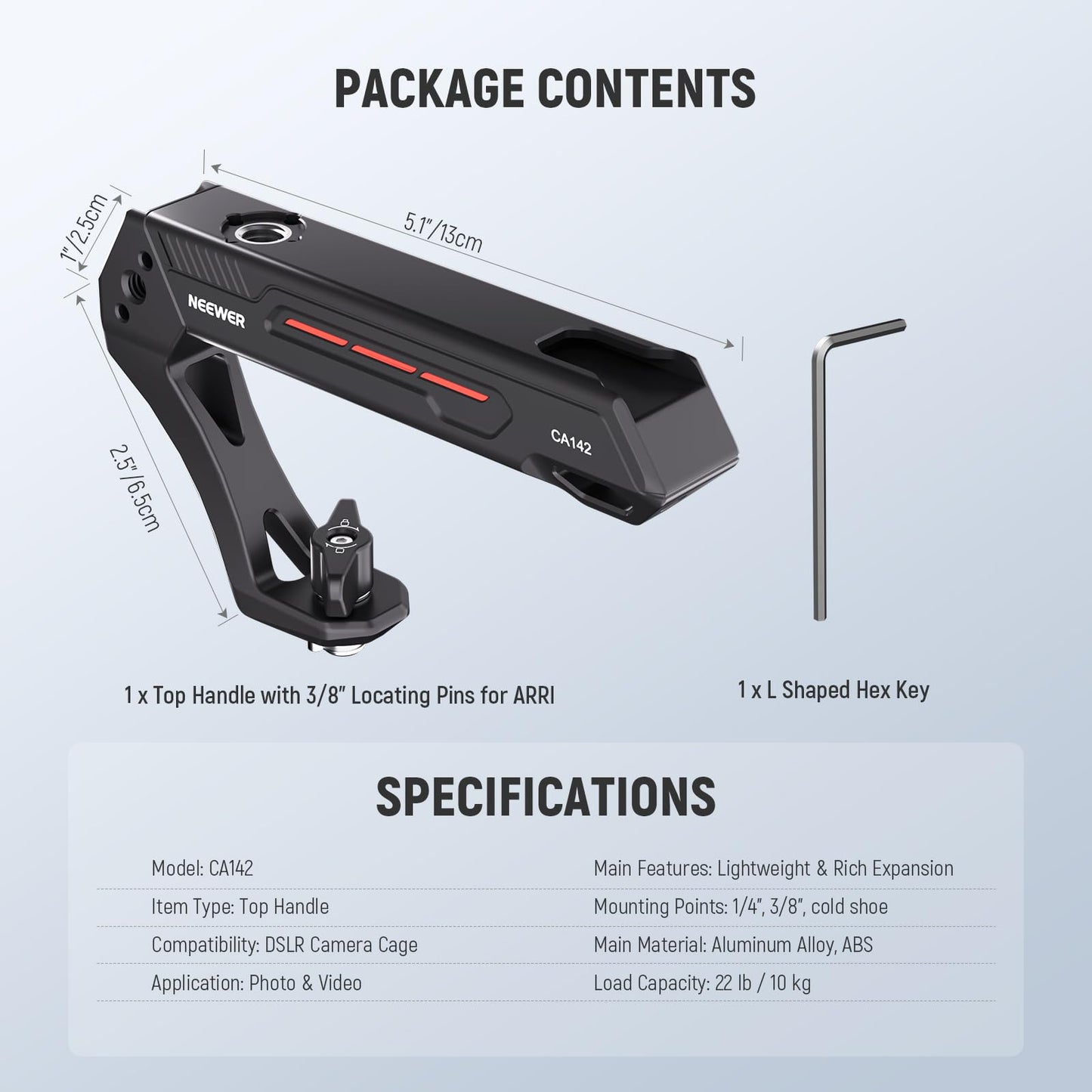 Neewer Basic Lightweight Camera Top Handle With 3/8 Locating Pin For Arri, High Strength Cage Plastic Handle Grip W/ 1/4 3/8 Scr