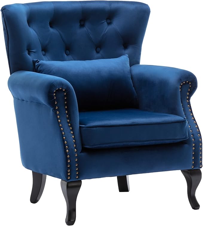 DM Furniture Set of 2 Mid-Century Modern Accent Chair, Velvet Armchair w/Tufted Back/Wood Legs, Upholstered Lounge Arm Chair Single Sofa for Living Room Bedroom, Blue