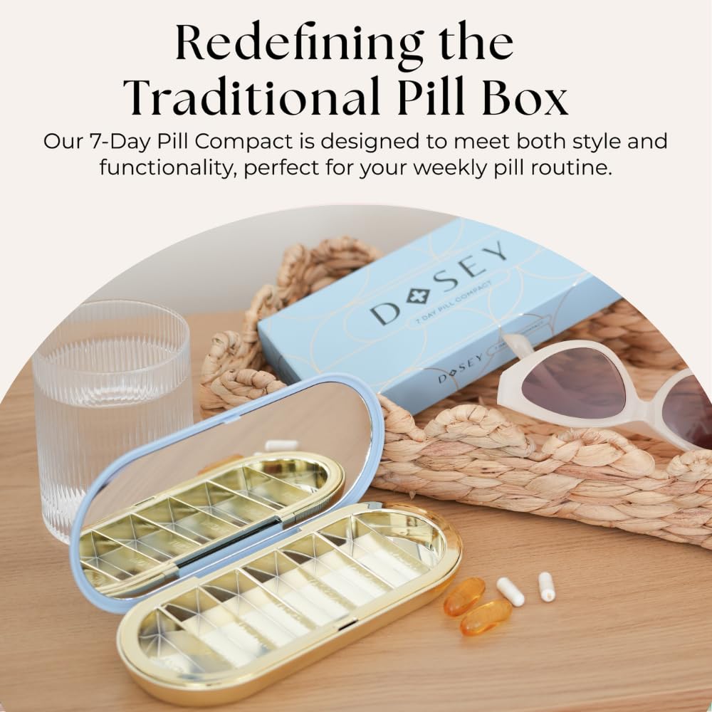 Dosey 7 Day Pill Compact Travel Pill Organizer - Pill Case with 7 Pill Compartments for Medicine Storage & Protection – Stylish & Elegant Medication Organizer with Mirror (Blue)