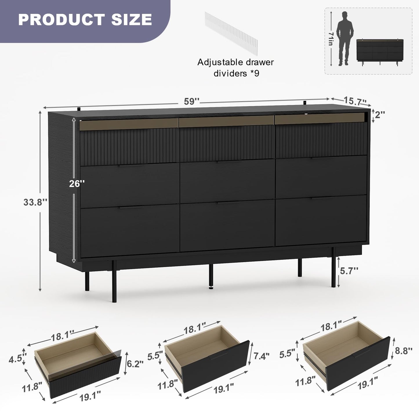 MEISSALIVVE 9 Drawer Dressers for Bedroom, Wide Chest of Drawers, Deep Drawer Dresser, Modern Storage Organizer Dresser, Black Long Dressers for Closet Living Room (59" W x 16" D x 34" H)