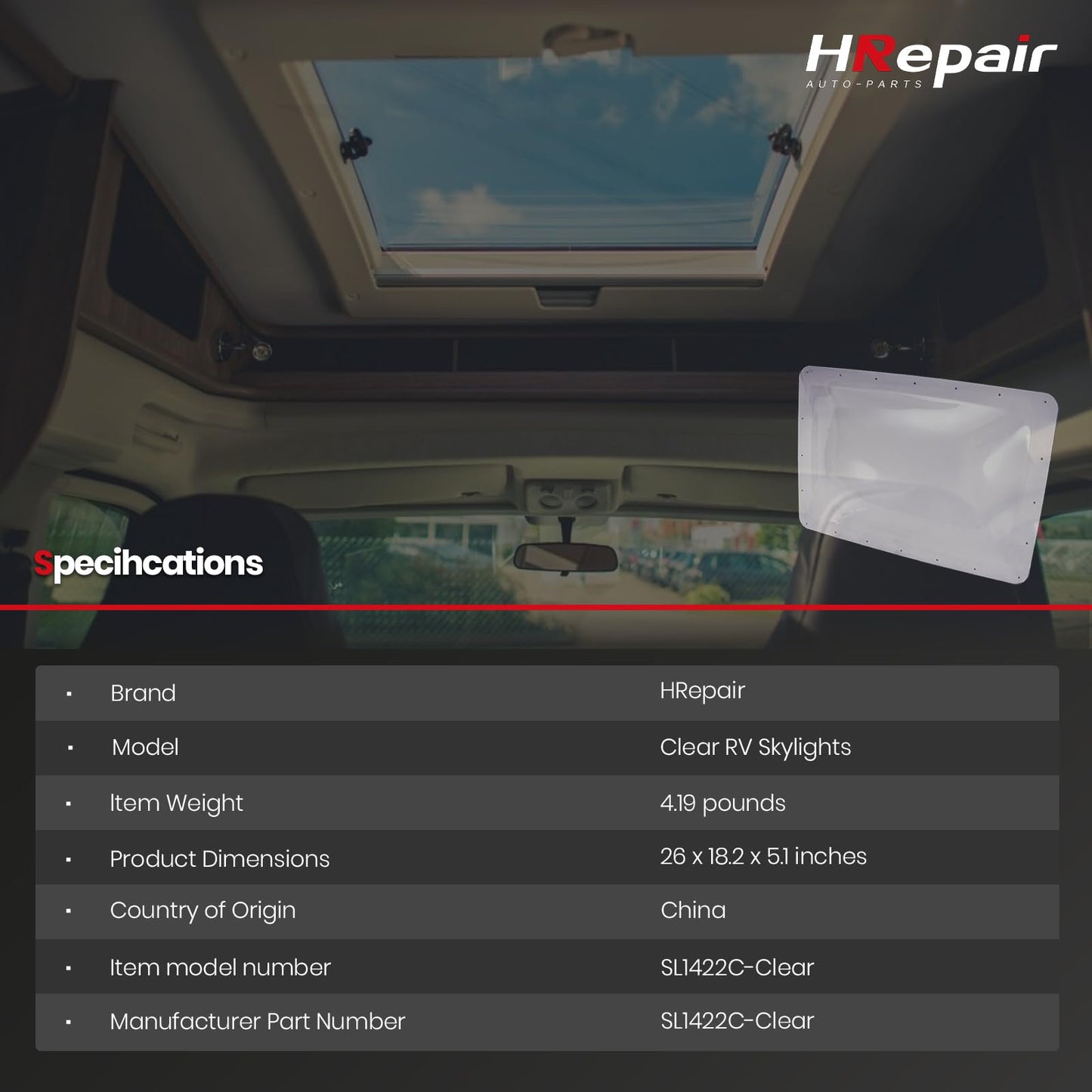 HRepair SL1422 RV Skylight Replacement,18" x 26" Camper Skylight fits Standard 14" x 22" Openings 16" x 26" Overall,RV Shower Bathroom Skylight Cover - SL1422C(Clear)