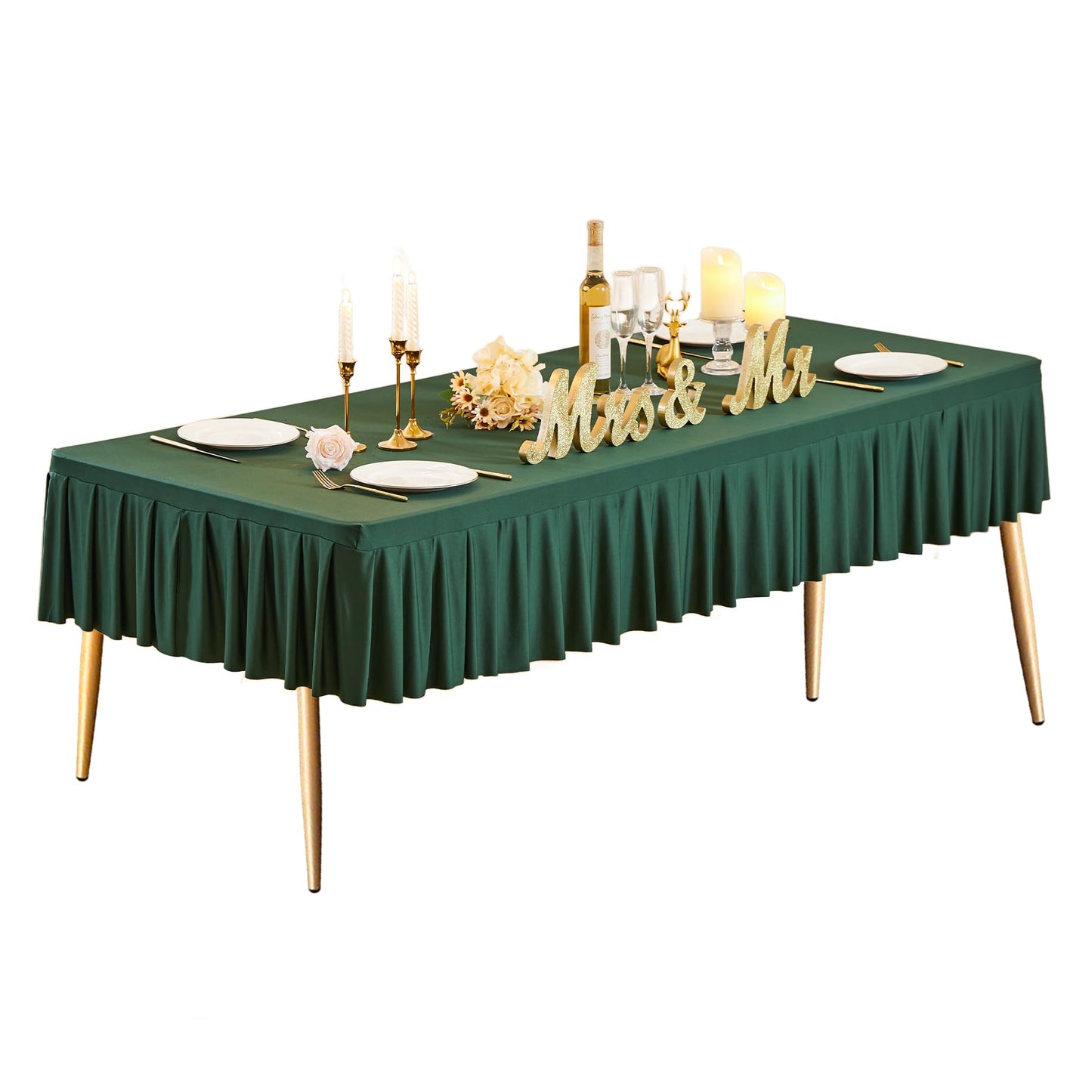 Wish Care Hunter Green Spandex Table Clothes for 8 Foot Rectangle Tables Wrinkle Free Ruffle Tablecloth with Pleated Skirt Stretch Fitted Table Covers for Wedding Birthday Christmas Party Banquet