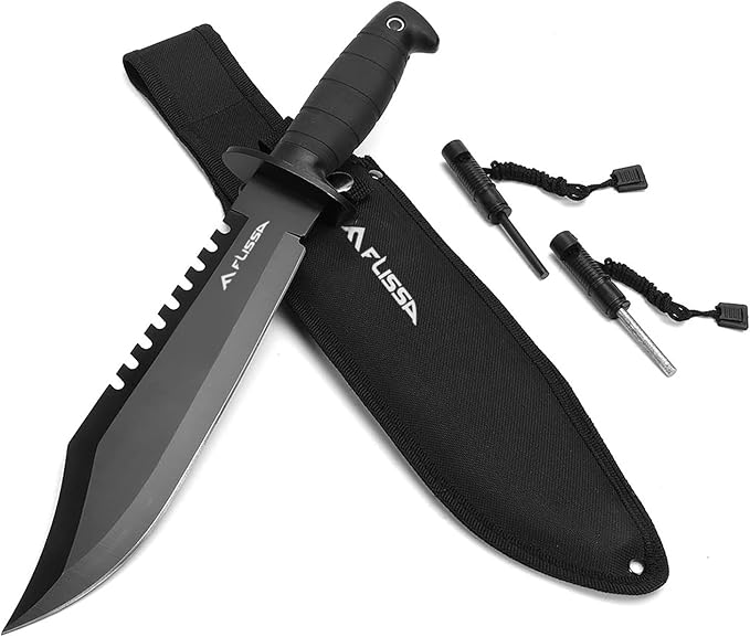 FLISSA Survival Hunting Knife with Sheath, 15-inch Full Tang Fixed Blade Tactical Bowie Knife with Sharpener & Fire Starte...