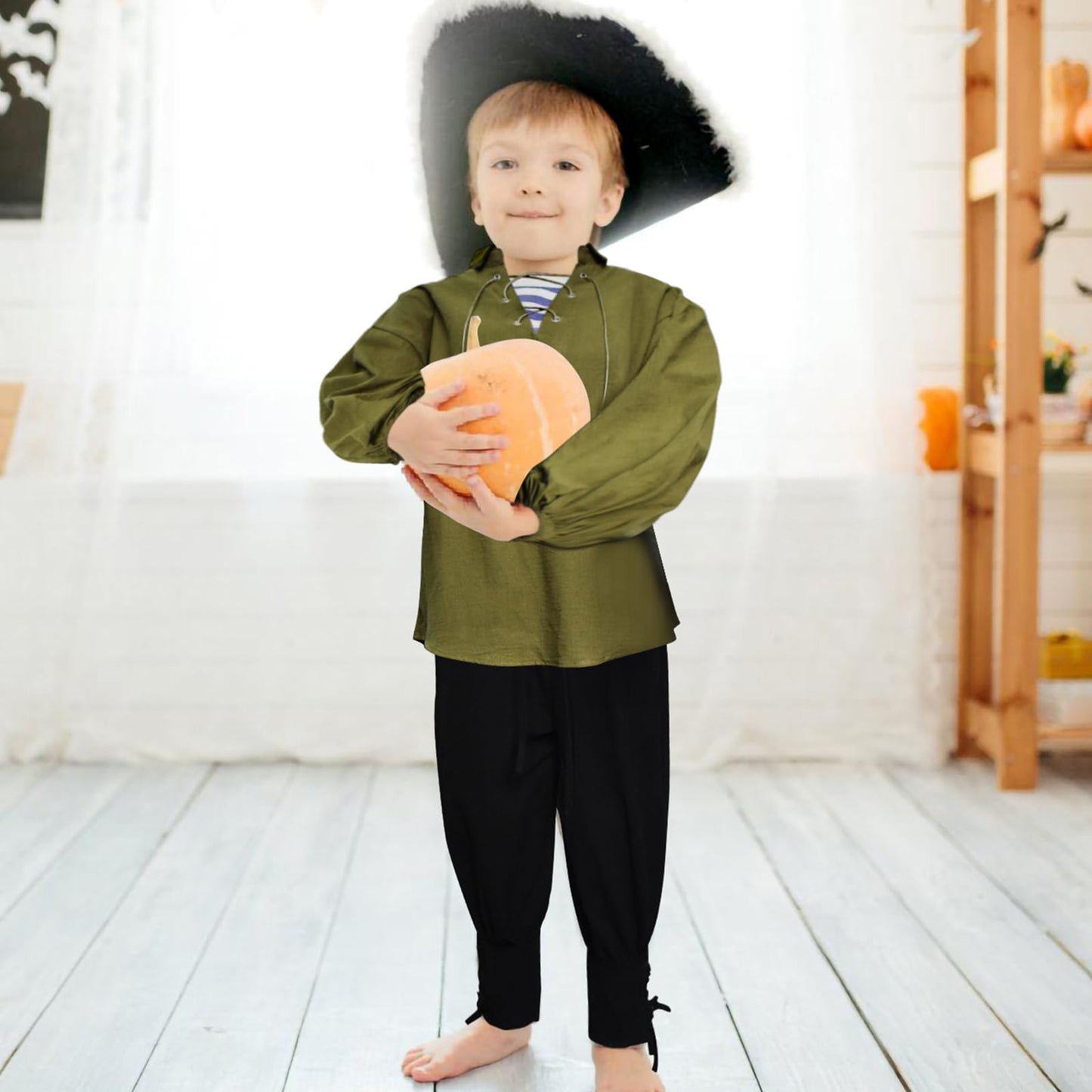 Prebene Boys Medieval Pirate Set Shirt & Ankle Pants Kids Renaissance Halloween Costume Scottish Jacobite Tops and Trousers (Green+Black, 6-8T)