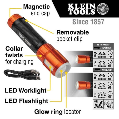 Klein Tools 56412 Rechargeable LED Flashlight with Worklight (500 Lumens) 56411 Rechargeable Pocket Flashlight (275 Lumen)