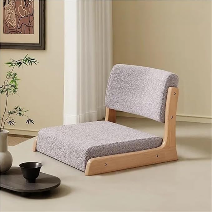 Japanese Style Legless Floor Chair with Back Support, Wooden Tatami Meditation Chair with Cushion, Low Sofa Floor Seat for Living Room, Bedroom, Bay Window(Sherpa 2)