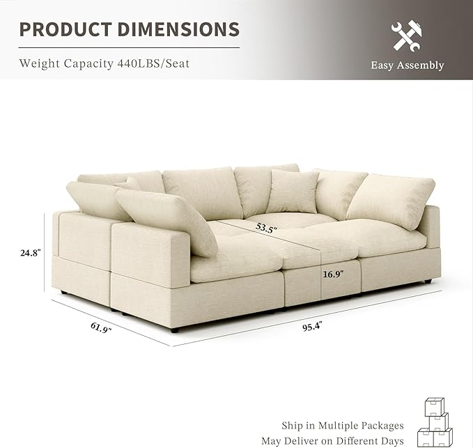 Cloud Couch Modular Sectional Sofa, 95.4" 6-Seater Sectional Couches for Living Room, Convertible Cloud Sofa with Ottoman, Down Filled Wide & Deep Seat, Removable Washable Cushion Covers