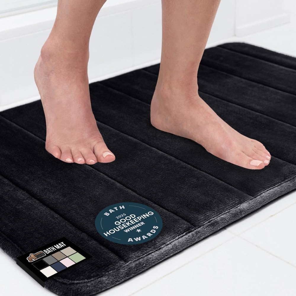 GORILLA GRIP Memory Foam Bath Mat, Soft Absorbent US Designed Bathroom Rug, Gripping Dots Machine Washable Bathmat, Cushioned Floor Mats, Shower Sink Rugs Room Décor Accessories, 24x17 Black