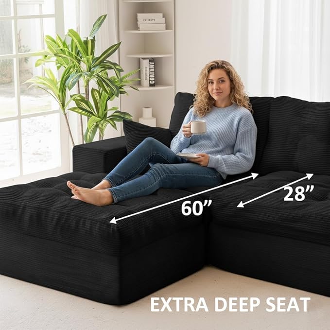 NAYA 106” Modular Sectional Sofa, Cloud Sectional Couch with Deep Seat, Modern Modular L-Shape Sofa Boneless Couch with Chaise for Living Room Bedroom (Black, Cloudy Sofa with Left Facing Chaise)