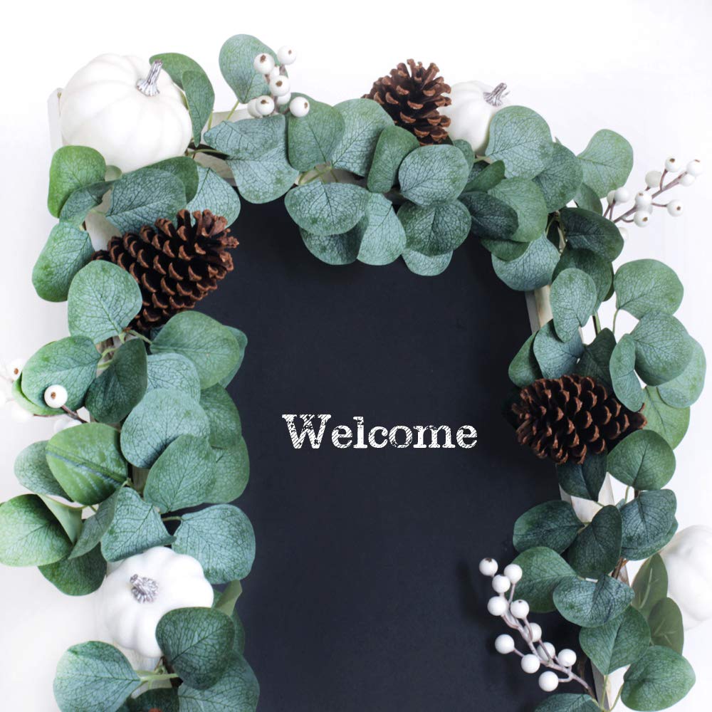 Winlyn White Pumpkin Garland Artificial Eucalyptus with White Pumpkins Pinecones Berries Fall Foliage for Wedding Arch Backdrop Thanksgiving Table Runner Farmhouse Decor 6' Long