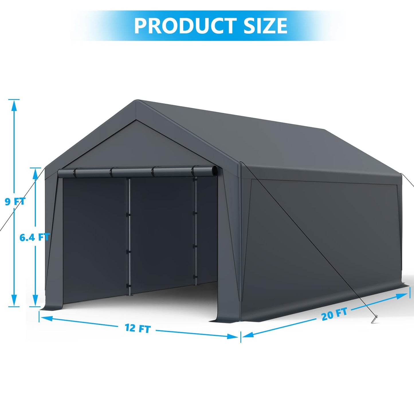 Raxmolo 12x20FT Heavy Duty Portable Carport - All-Weather Enclosed Shelter for Cars, Trucks, SUVs & Boats, Waterproof & UV-Resistant Canopy with Removable Sidewalls, Doors, Ground Stakes (Gray)